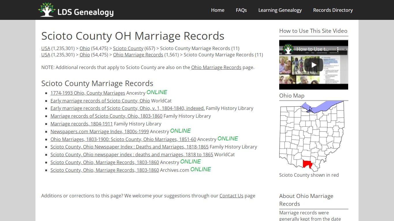 Scioto County OH Marriage Records - LDS Genealogy
